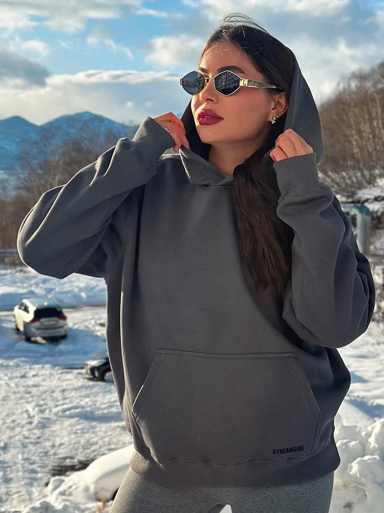 Streamgirl Fleece Hoodies Women Winter Warm Oversized Warm Sweatshirts Boyfriend Hoodies Simple Green Hooded Sweatshirt Couples