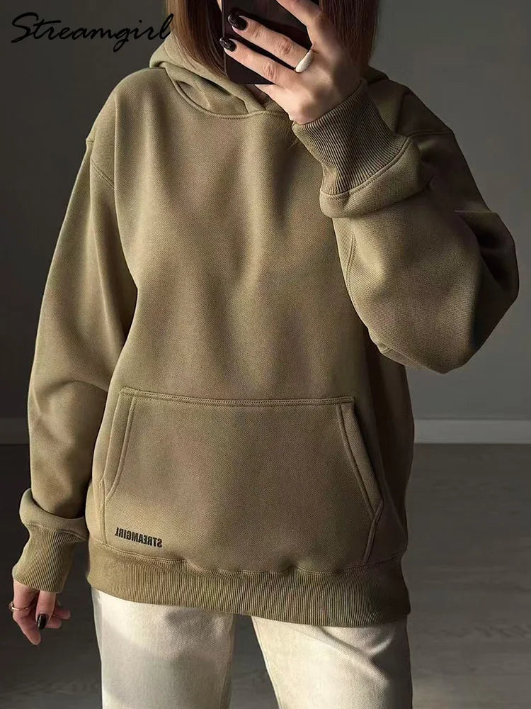 Streamgirl Fleece Hoodies Women Winter Warm Oversized Warm Sweatshirts Boyfriend Hoodies Simple Green Hooded Sweatshirt Couples