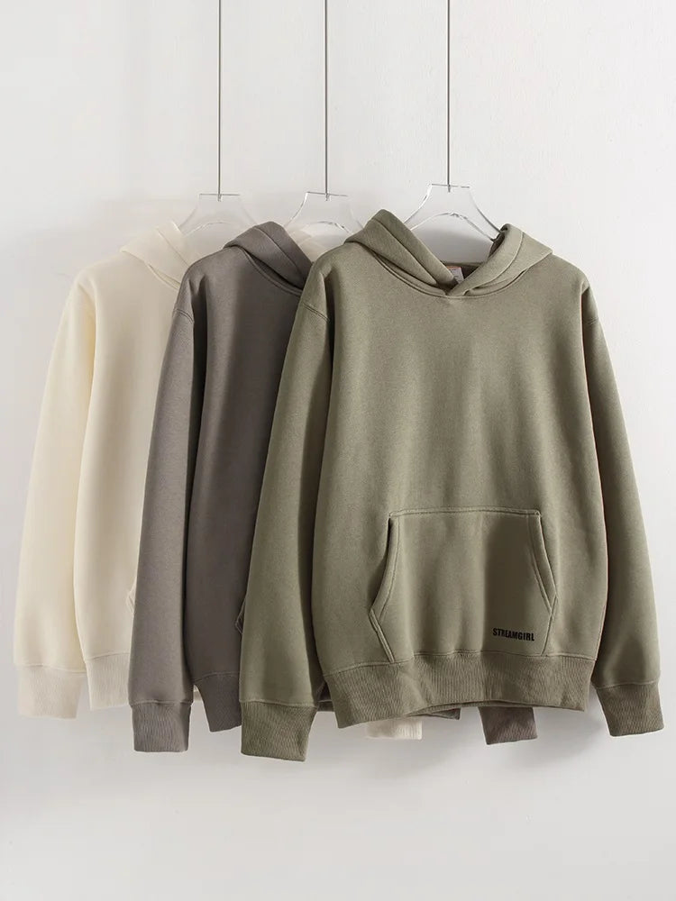 Streamgirl Fleece Hoodies Women Winter Warm Oversized Warm Sweatshirts Boyfriend Hoodies Simple Green Hooded Sweatshirt Couples