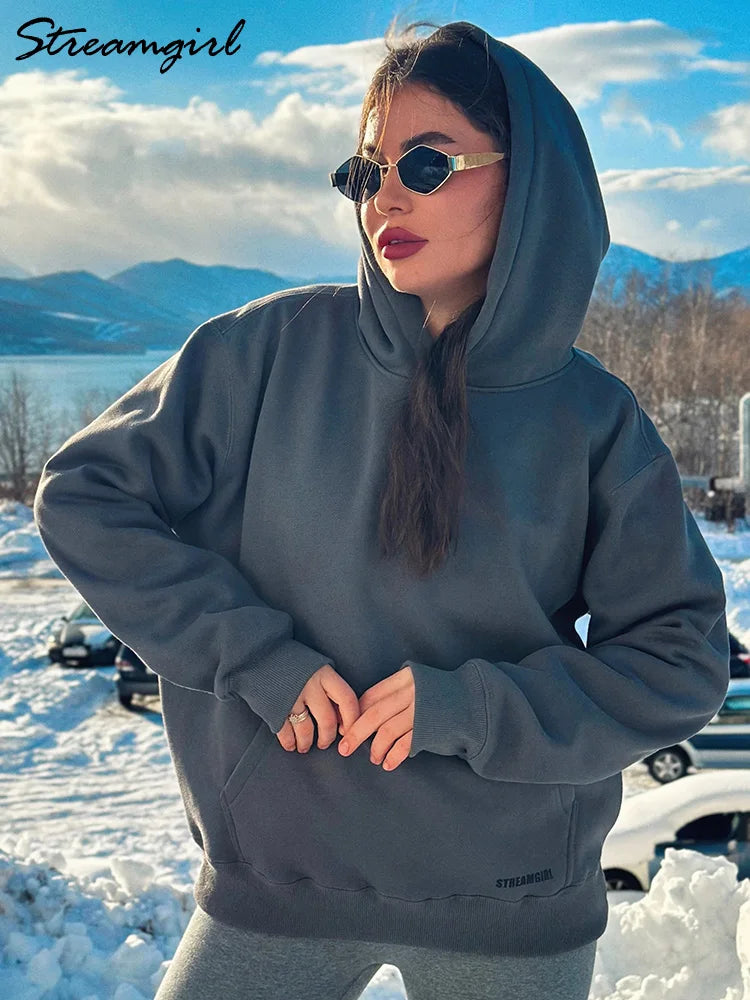 Streamgirl Fleece Hoodies Women Winter Warm Oversized Warm Sweatshirts Boyfriend Hoodies Simple Green Hooded Sweatshirt Couples
