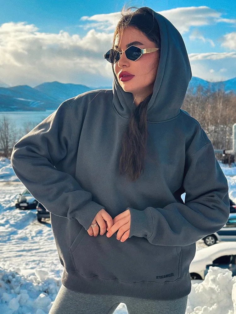 Streamgirl Fleece Hoodies Women Winter Warm Oversized Warm Sweatshirts Boyfriend Hoodies Simple Green Hooded Sweatshirt Couples