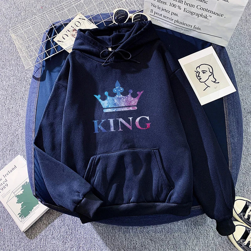 Queen King Print Sweatshirts Couples Daily Casual Sporty Hooded Long Sleeve Pullover Woman Men Home Outdoor Comfort Warm Hoodies