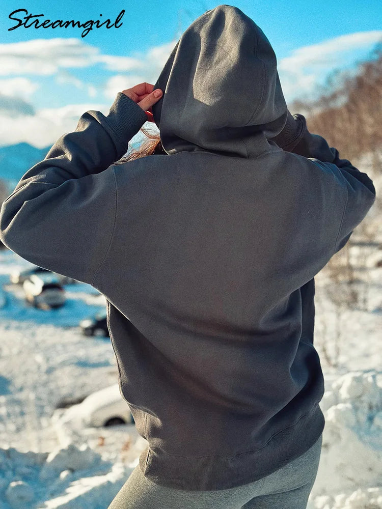 Streamgirl Fleece Hoodies Women Winter Warm Oversized Warm Sweatshirts Boyfriend Hoodies Simple Green Hooded Sweatshirt Couples