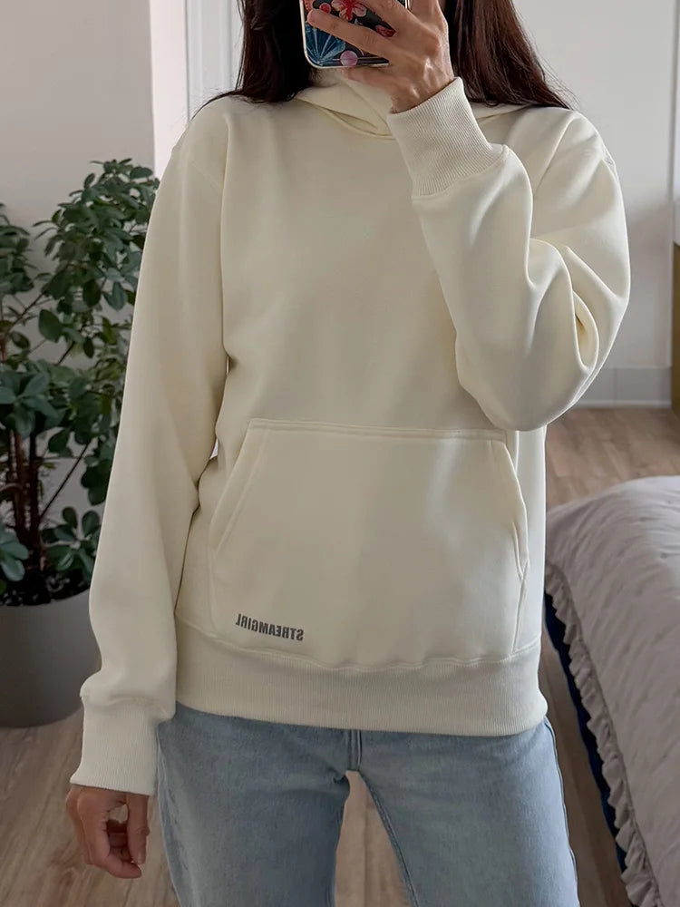 Streamgirl Fleece Hoodies Women Winter Warm Oversized Warm Sweatshirts Boyfriend Hoodies Simple Green Hooded Sweatshirt Couples