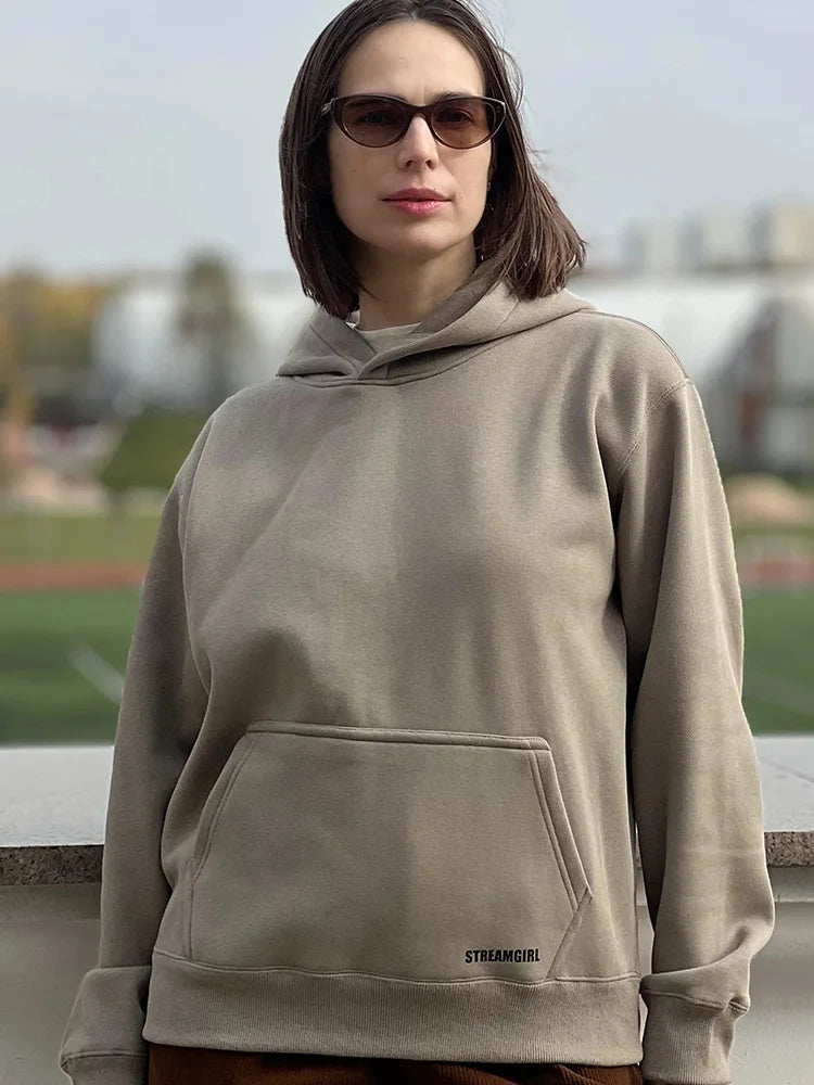 Streamgirl Fleece Hoodies Women Winter Warm Oversized Warm Sweatshirts Boyfriend Hoodies Simple Green Hooded Sweatshirt Couples