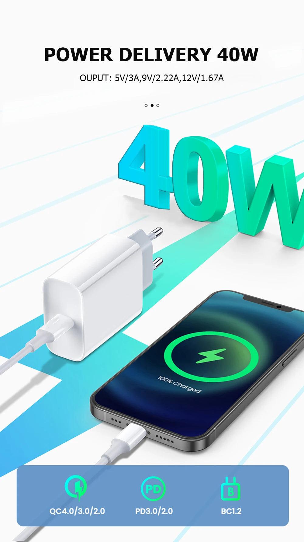 For iPhone 40W PD Phone Charger For iPhone 11 12 13 14 15 16 17 Pro Max 16 Plus 17 Air iPad Fast Charging Type C Cable Charger