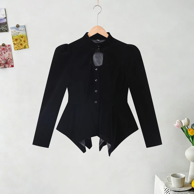 Elegant Black Women's Jacket Stand Collar Hollow Out Full Sleeve Waist-Closed Lady Coats 2026 Spring Chic Female Streetwear