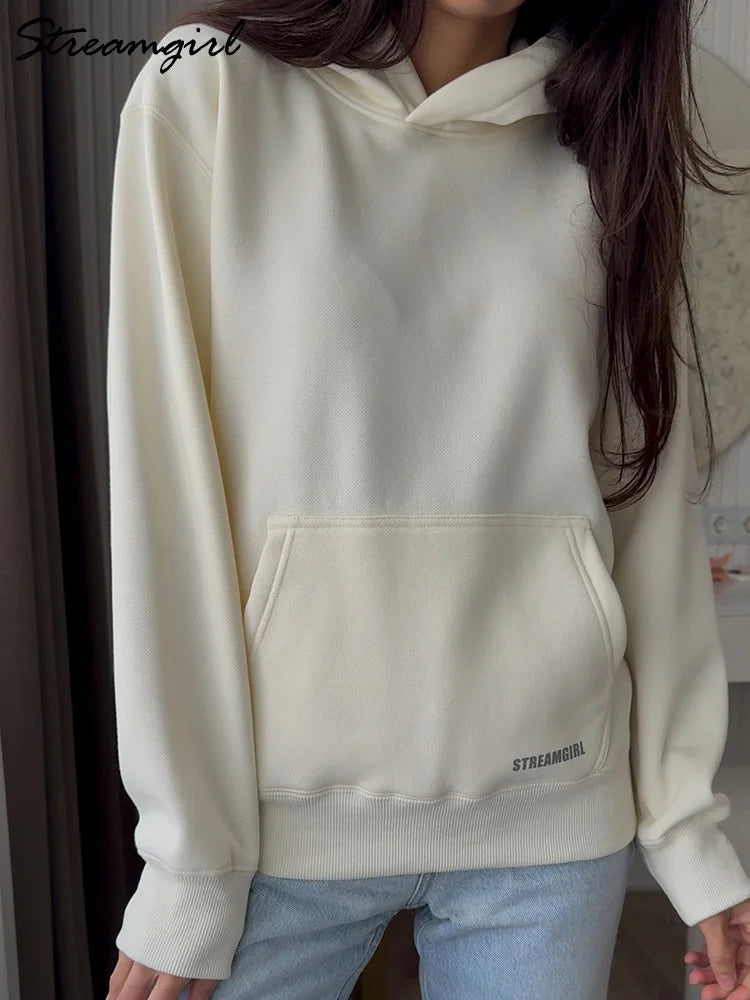 Streamgirl Fleece Hoodies Women Winter Warm Oversized Warm Sweatshirts Boyfriend Hoodies Simple Green Hooded Sweatshirt Couples