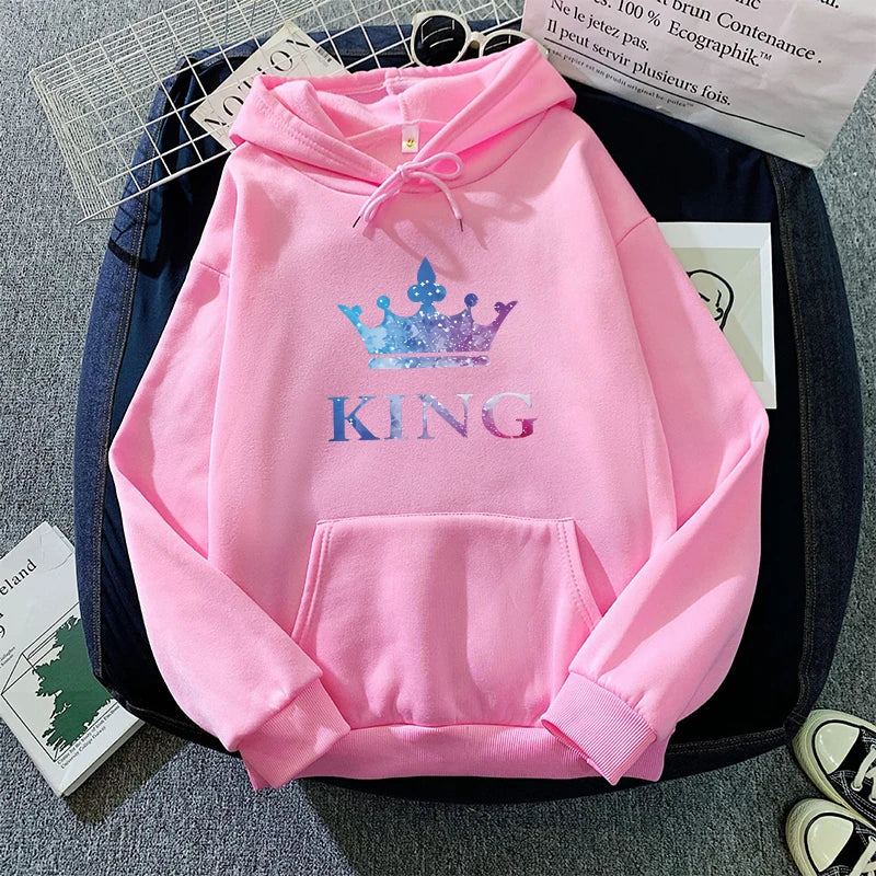 Queen King Print Sweatshirts Couples Daily Casual Sporty Hooded Long Sleeve Pullover Woman Men Home Outdoor Comfort Warm Hoodies