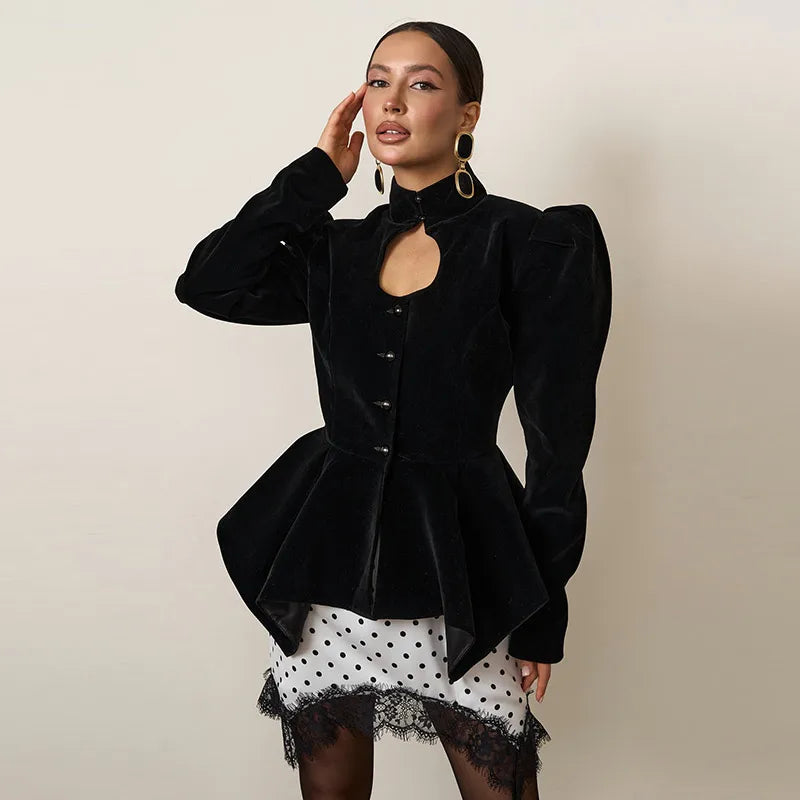 Elegant Black Women's Jacket Stand Collar Hollow Out Full Sleeve Waist-Closed Lady Coats 2026 Spring Chic Female Streetwear