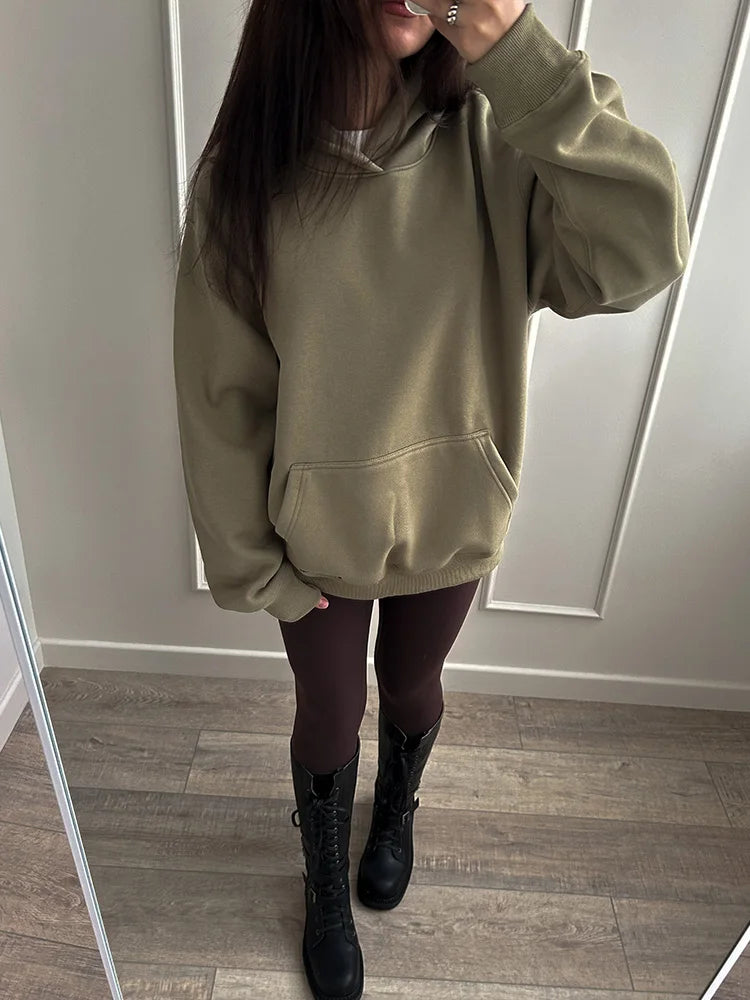 Streamgirl Fleece Hoodies Women Winter Warm Oversized Warm Sweatshirts Boyfriend Hoodies Simple Green Hooded Sweatshirt Couples