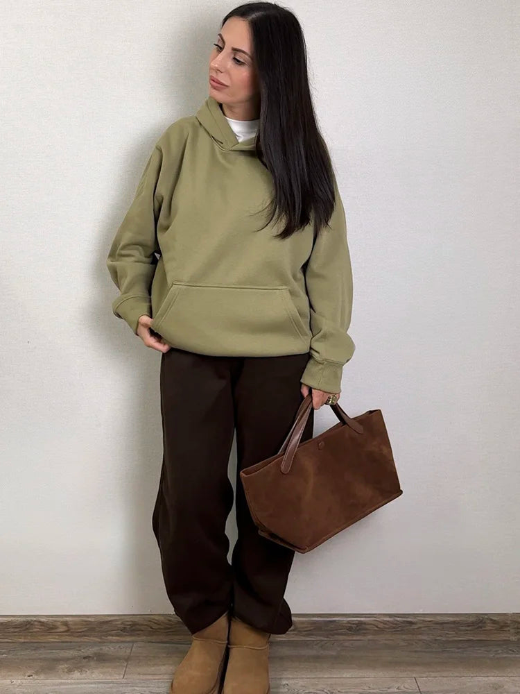 Streamgirl Fleece Hoodies Women Winter Warm Oversized Warm Sweatshirts Boyfriend Hoodies Simple Green Hooded Sweatshirt Couples