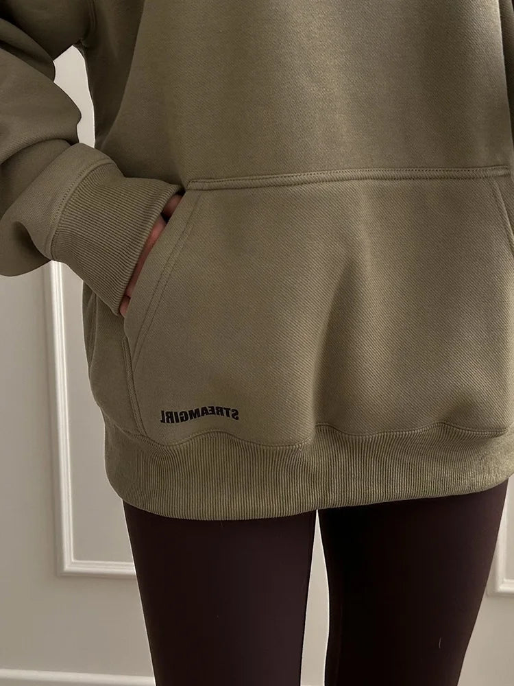 Streamgirl Fleece Hoodies Women Winter Warm Oversized Warm Sweatshirts Boyfriend Hoodies Simple Green Hooded Sweatshirt Couples