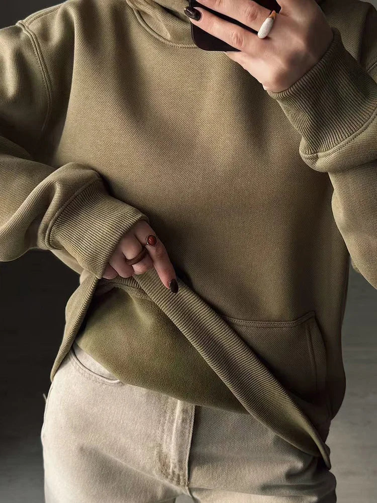Streamgirl Fleece Hoodies Women Winter Warm Oversized Warm Sweatshirts Boyfriend Hoodies Simple Green Hooded Sweatshirt Couples
