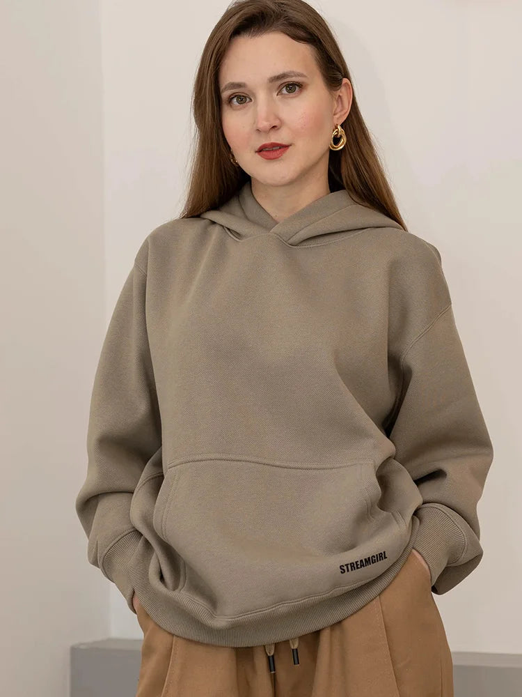 Streamgirl Fleece Hoodies Women Winter Warm Oversized Warm Sweatshirts Boyfriend Hoodies Simple Green Hooded Sweatshirt Couples