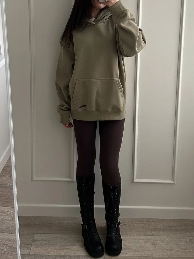 Streamgirl Fleece Hoodies Women Winter Warm Oversized Warm Sweatshirts Boyfriend Hoodies Simple Green Hooded Sweatshirt Couples