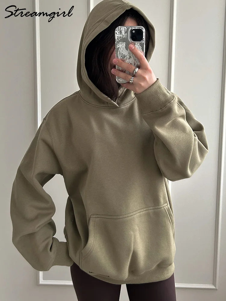 Streamgirl Fleece Hoodies Women Winter Warm Oversized Warm Sweatshirts Boyfriend Hoodies Simple Green Hooded Sweatshirt Couples