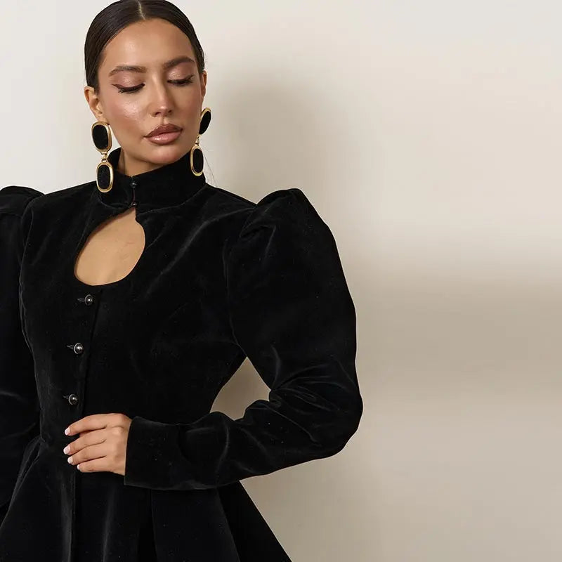 Elegant Black Women's Jacket Stand Collar Hollow Out Full Sleeve Waist-Closed Lady Coats 2026 Spring Chic Female Streetwear