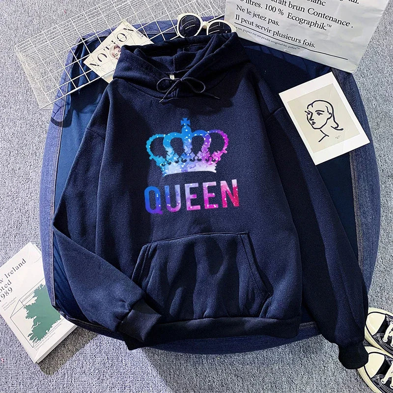 Queen King Print Sweatshirts Couples Daily Casual Sporty Hooded Long Sleeve Pullover Woman Men Home Outdoor Comfort Warm Hoodies