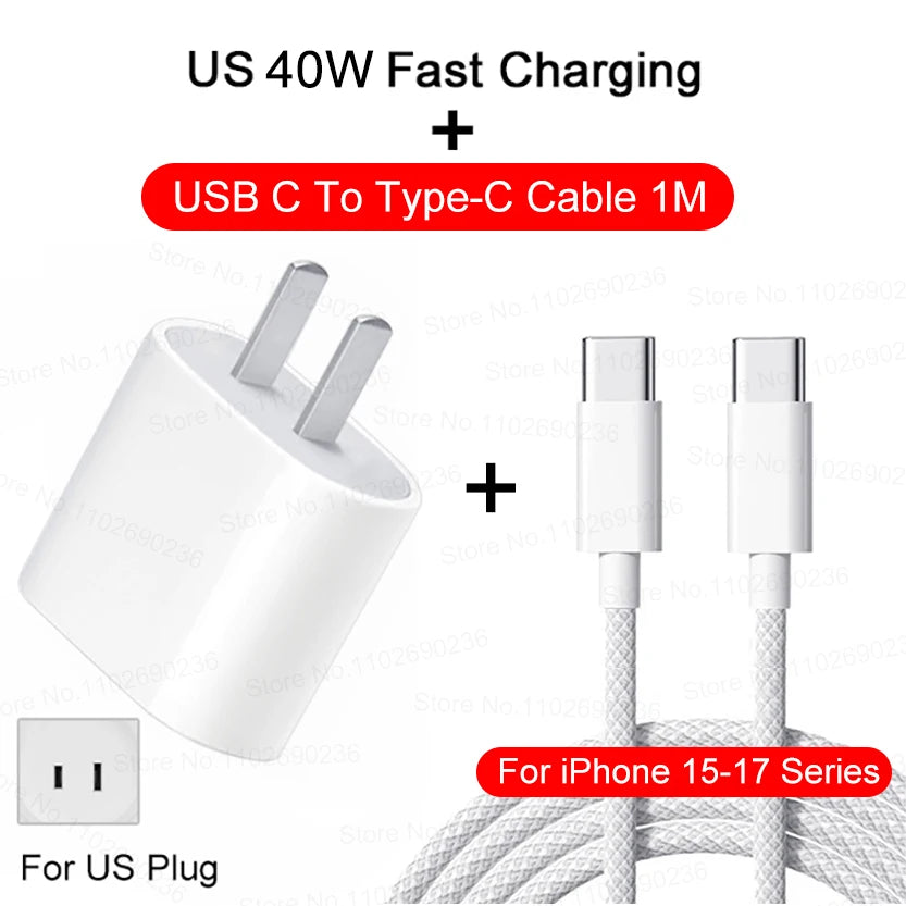 For iPhone 40W PD Phone Charger For iPhone 11 12 13 14 15 16 17 Pro Max 16 Plus 17 Air iPad Fast Charging Type C Cable Charger