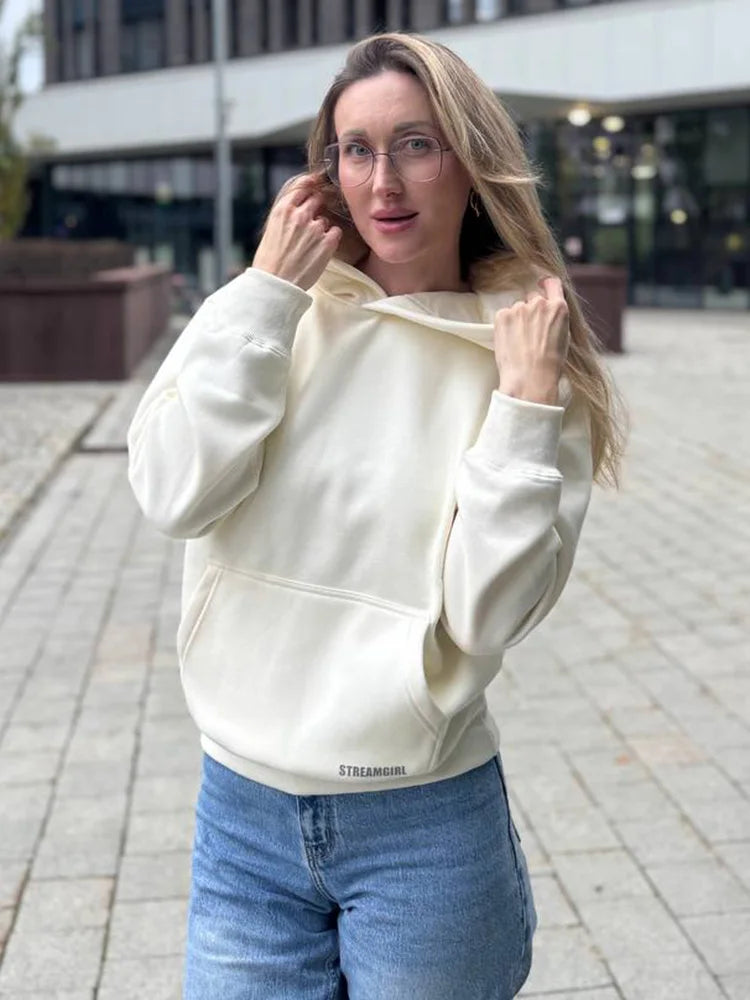 Streamgirl Fleece Hoodies Women Winter Warm Oversized Warm Sweatshirts Boyfriend Hoodies Simple Green Hooded Sweatshirt Couples