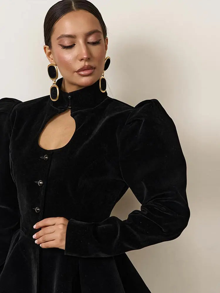 Elegant Black Women's Jacket Stand Collar Hollow Out Full Sleeve Waist-Closed Lady Coats 2026 Spring Chic Female Streetwear
