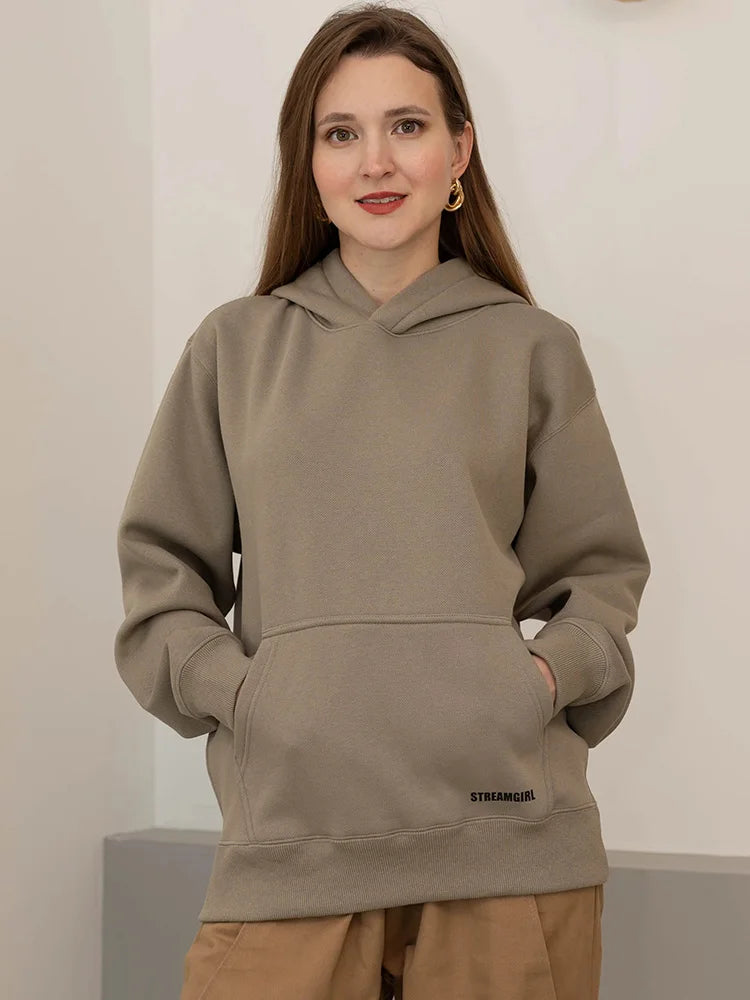 Streamgirl Fleece Hoodies Women Winter Warm Oversized Warm Sweatshirts Boyfriend Hoodies Simple Green Hooded Sweatshirt Couples