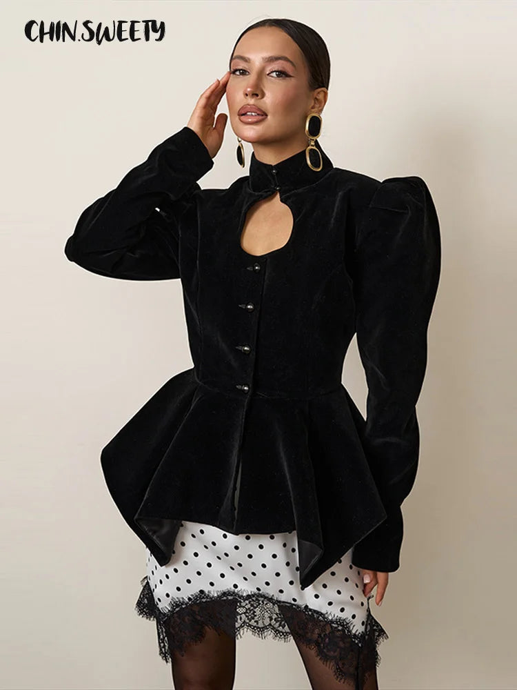 Elegant Black Women's Jacket Stand Collar Hollow Out Full Sleeve Waist-Closed Lady Coats 2026 Spring Chic Female Streetwear