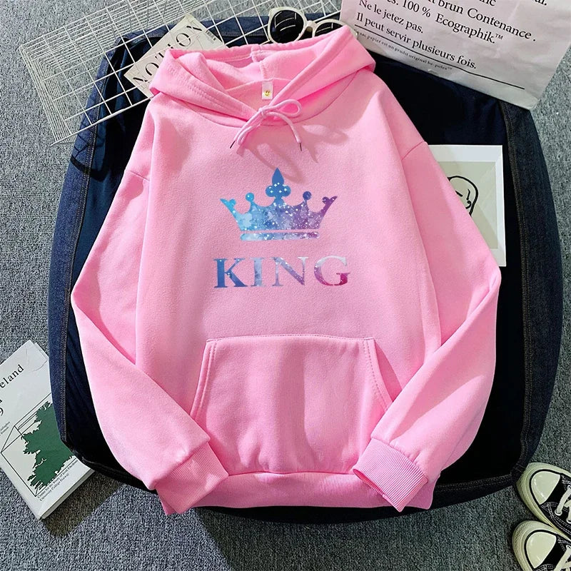 Queen King Print Sweatshirts Couples Daily Casual Sporty Hooded Long Sleeve Pullover Woman Men Home Outdoor Comfort Warm Hoodies